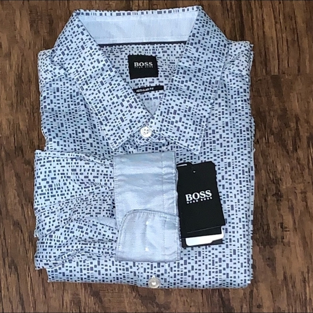 Boss Blue Casual Button Down Shirt with Micro-Pattern